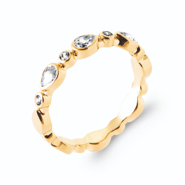 Bague ondulée zircons poire et ronds en plaqué or, vue de trois quarts