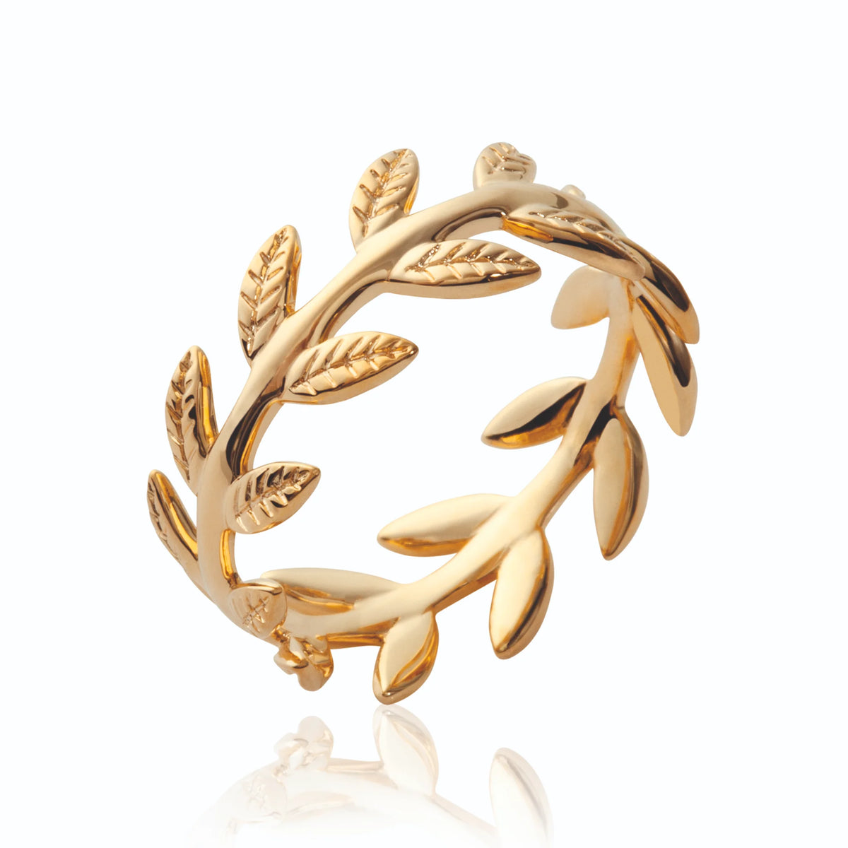 Bague ouverte branche de feuilles d’olivier ciselées en plaqué or