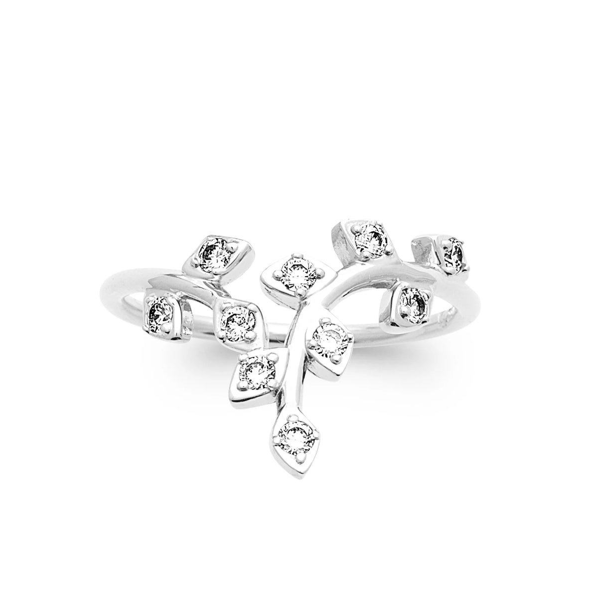 Bague ouverte branche feuillue et zircons en argent 925