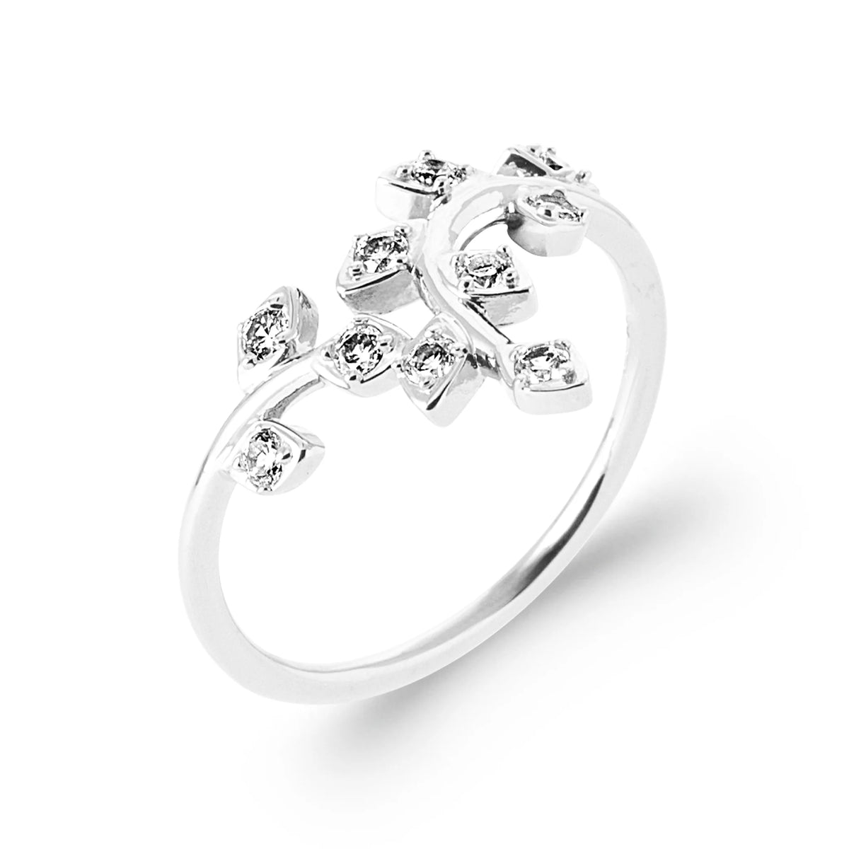 Bague ouverte branche feuillue et zircons en argent 925