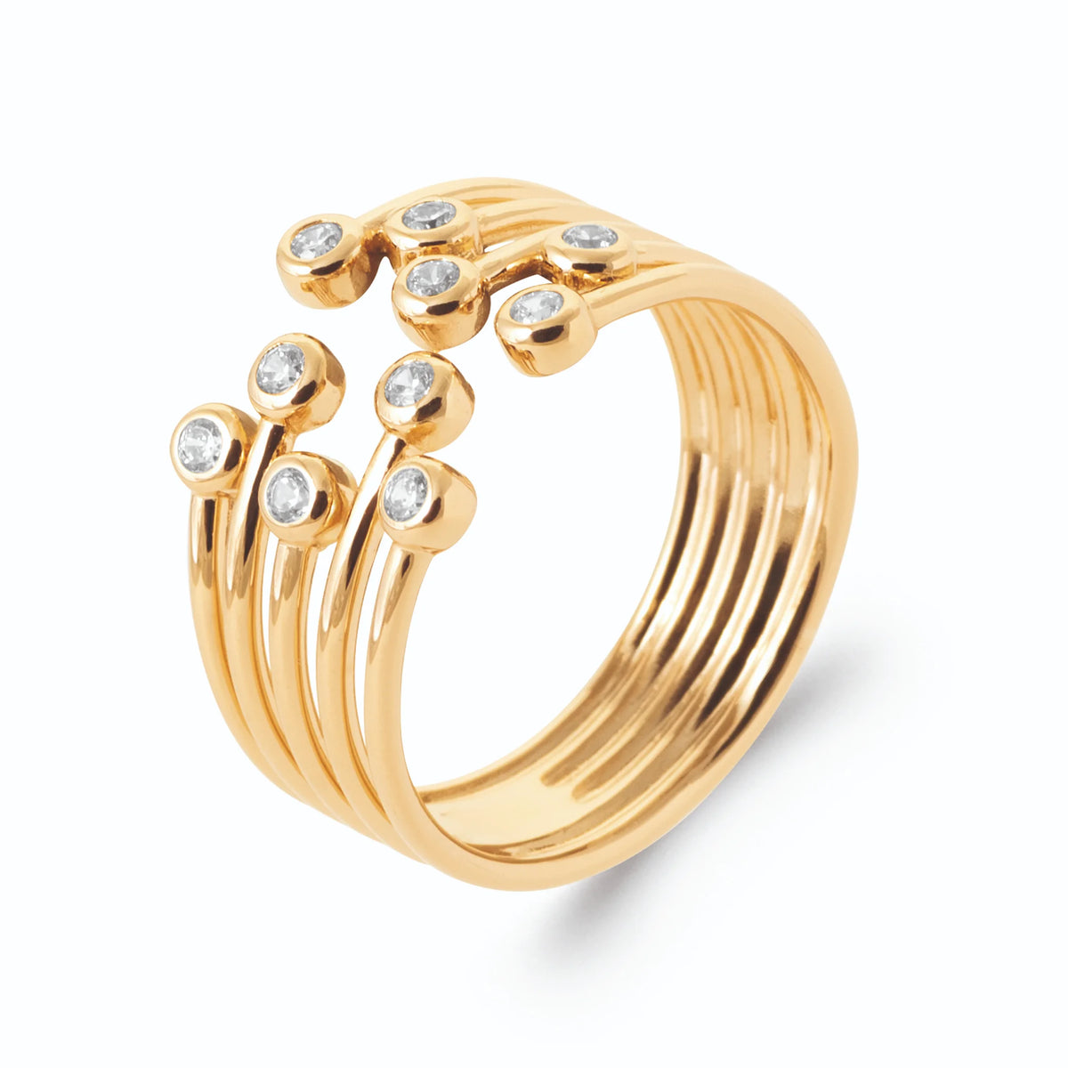 Bague ouverte cinq fils terminés par de petits zircons en plaqué or, vue de trois quarts