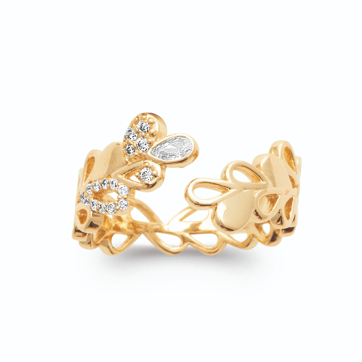 Bague ouverte cœurs ajourés entrelacés et zircons plaqué or, vue de face