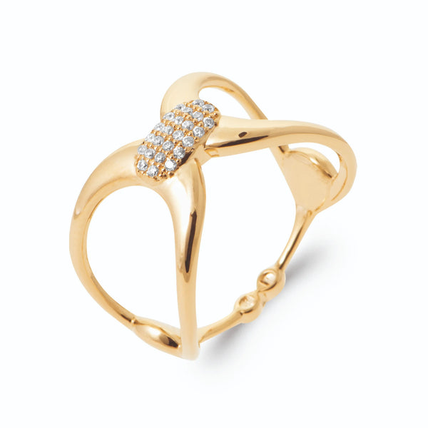 Bague ouverte croisée et barrette pavée de zircons en plaqué or, vue de trois quarts