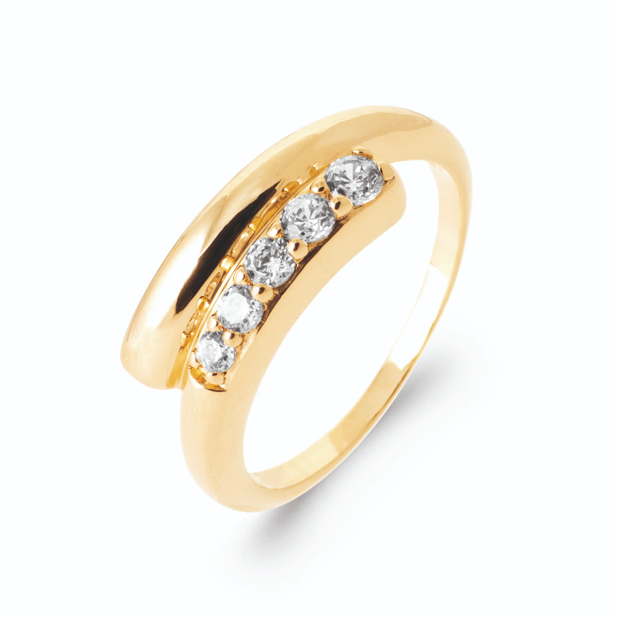 Bague ouverte croisée rangée de cinq zircons ronds dégressifs en plaqué or