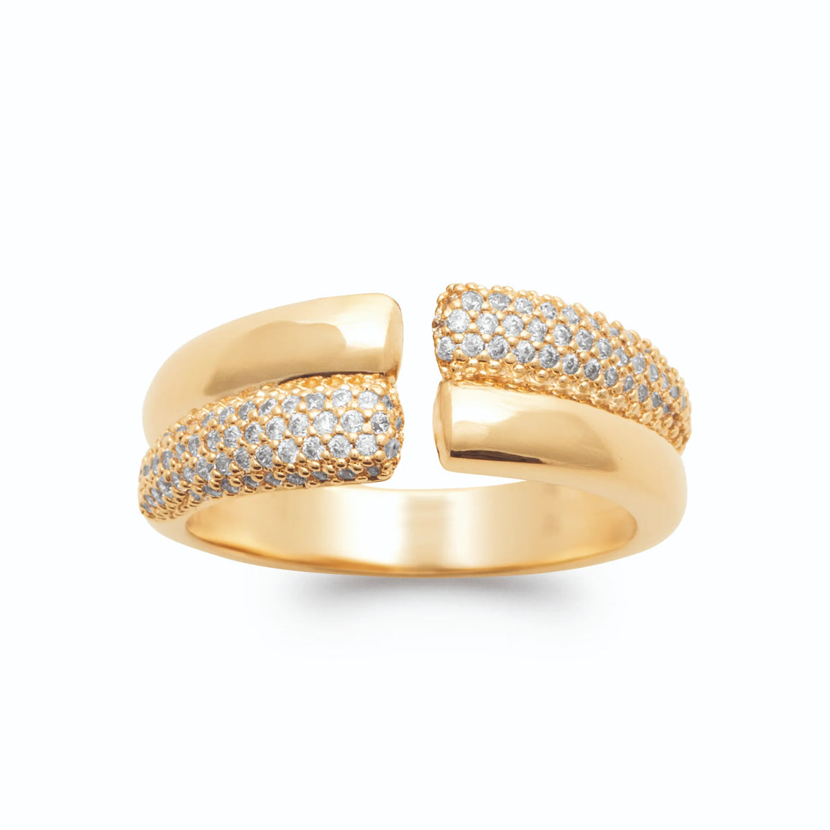 Bague ouverte deux bandes décalées pavées de micro-zircons plaqué or, vue de face