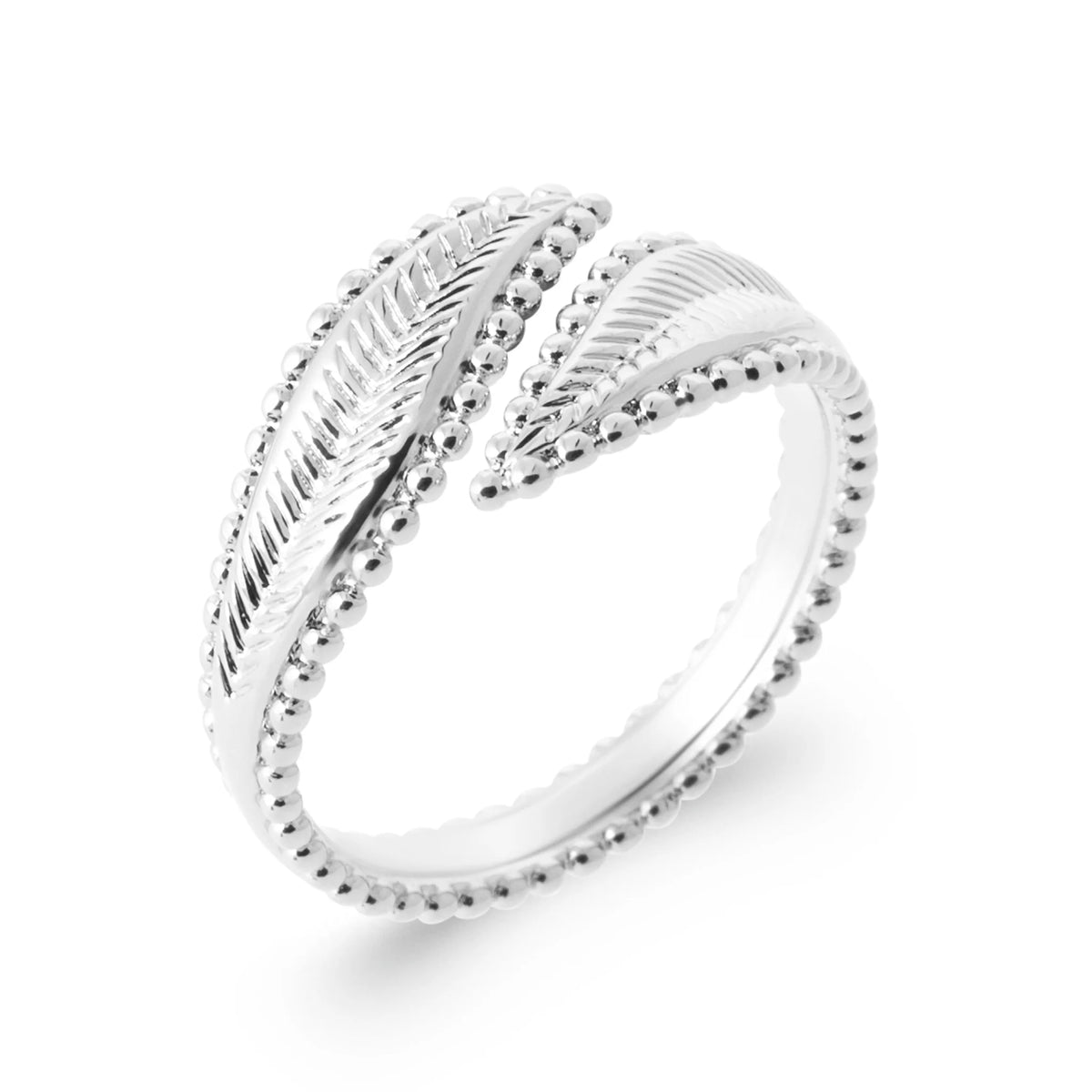Bague ouverte deux feuilles ciselées en argent 925 rhodié