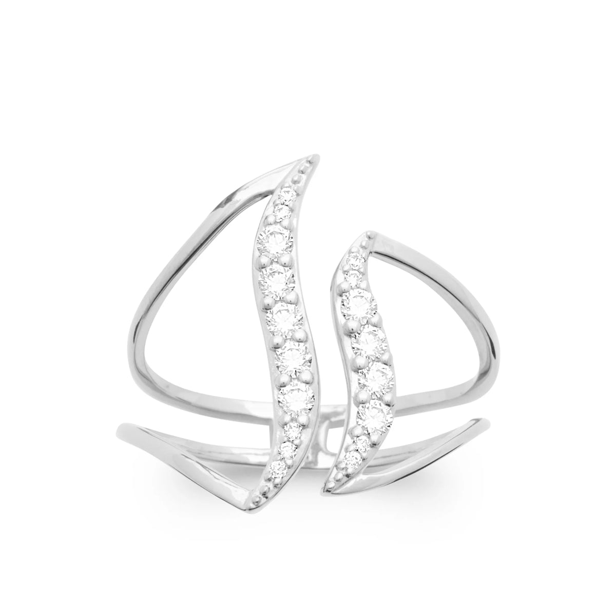 Bague ouverte deux feuilles pavées de zircons en argent 925, vue de face