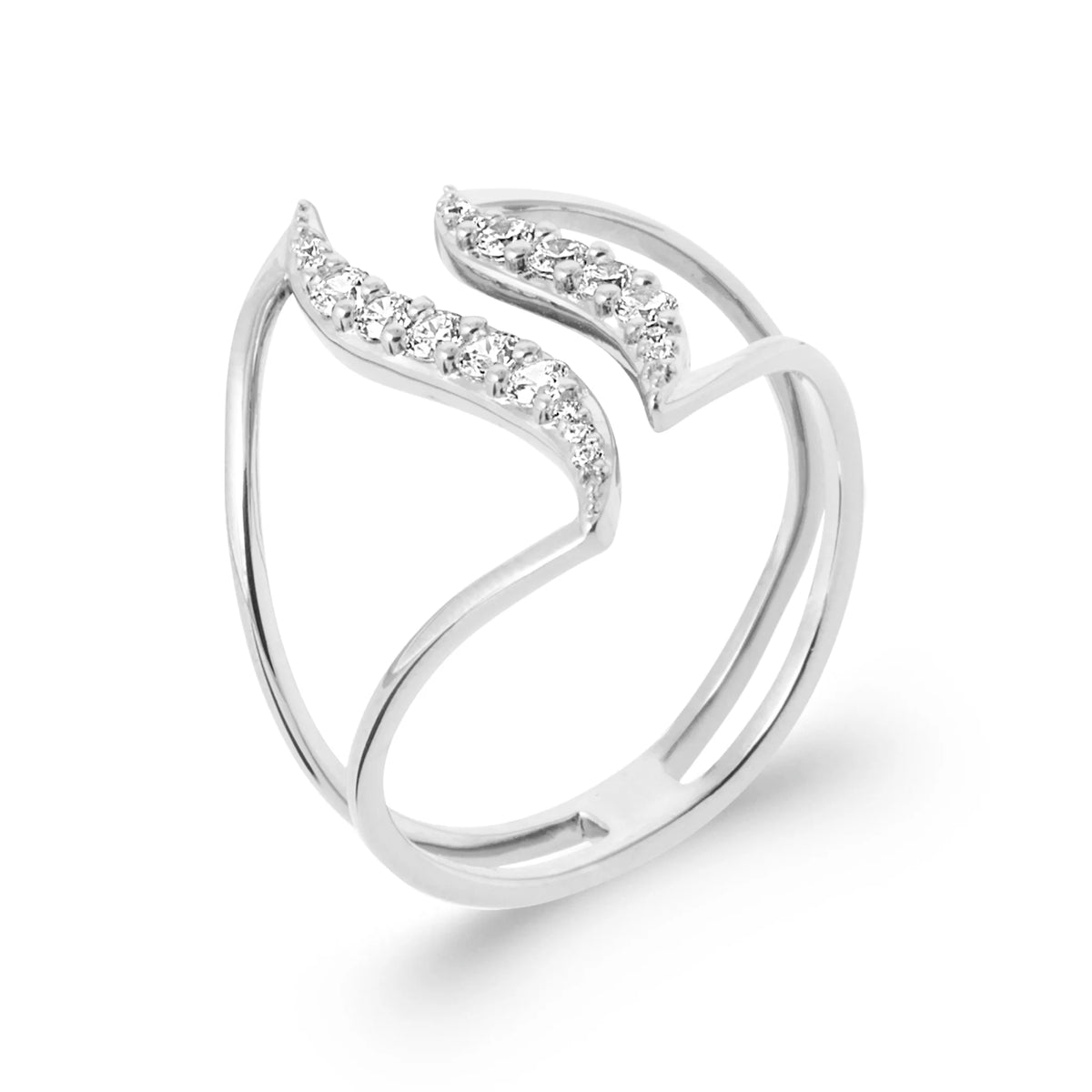 Bague ouverte deux feuilles pavées de zircons en argent 925