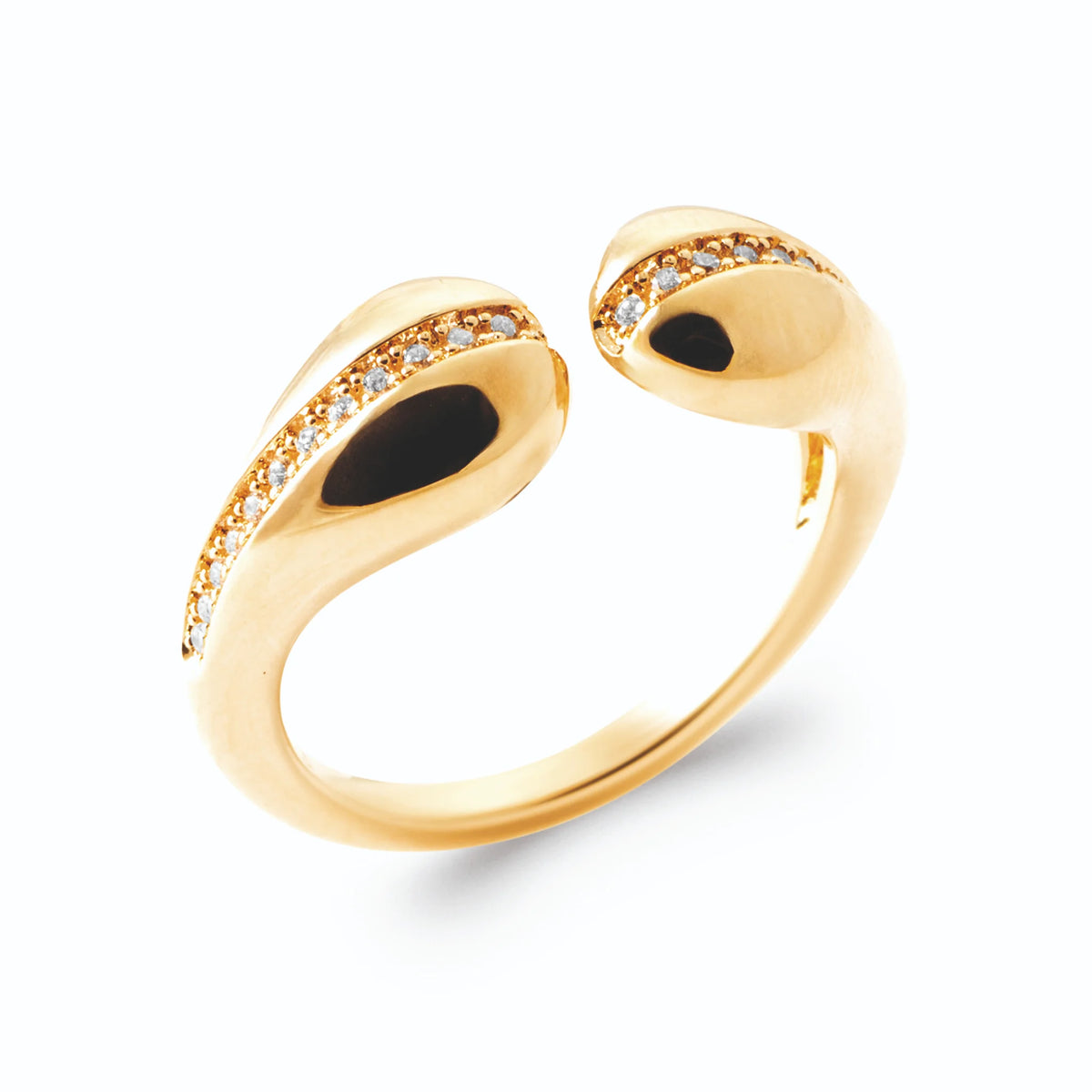 Bague ouverte deux gouttes face à face et lignes de micro-zircons en plaqué or, vue de trois quarts
