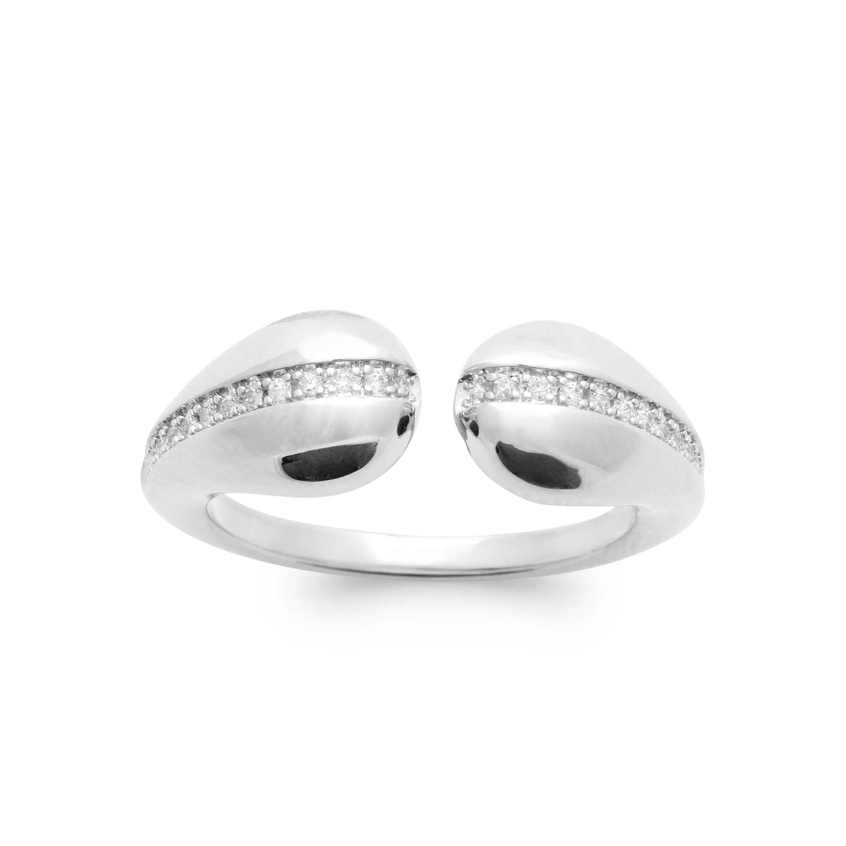 Bague ouverte deux gouttes polies et ligne pavée en argent 925
