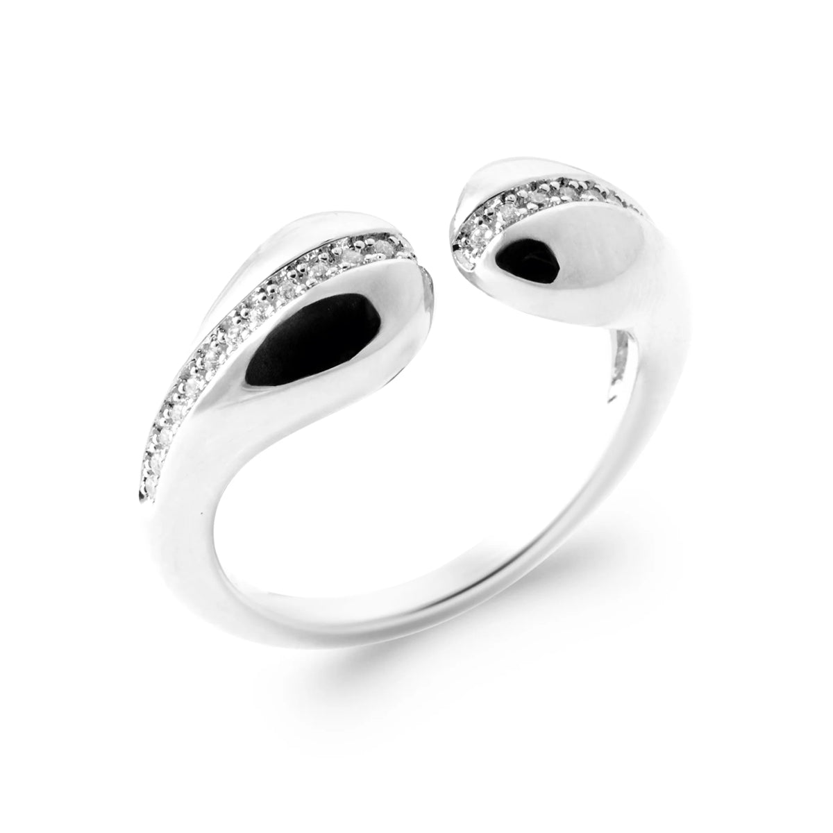 Bague ouverte deux gouttes polies et ligne pavée en argent 925