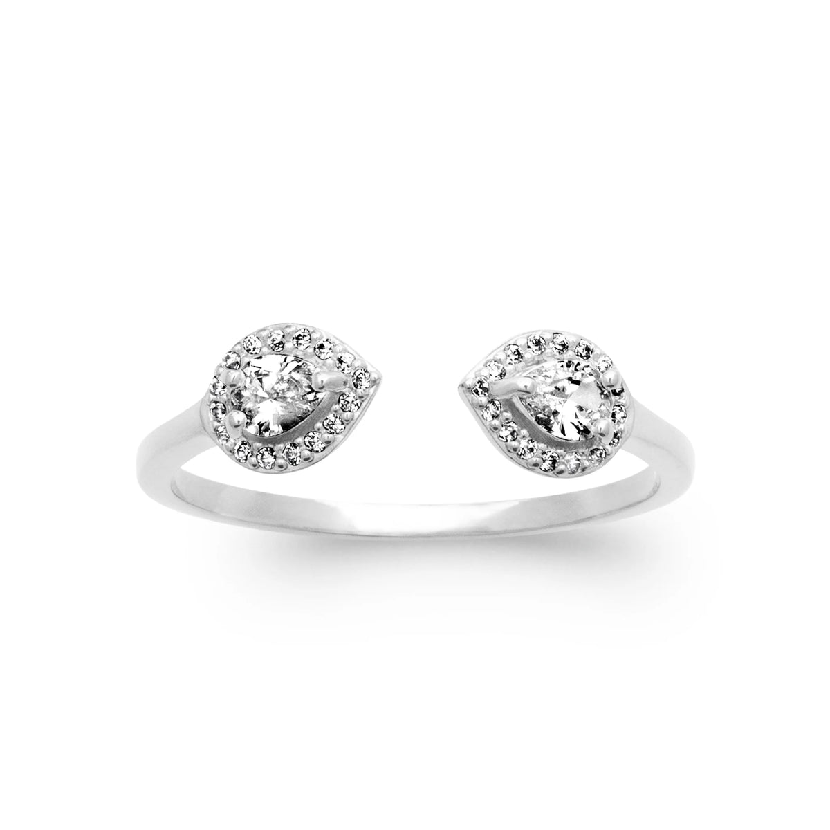 Bague ouverte deux gouttes de zircons en halo en argent 925, vue de face