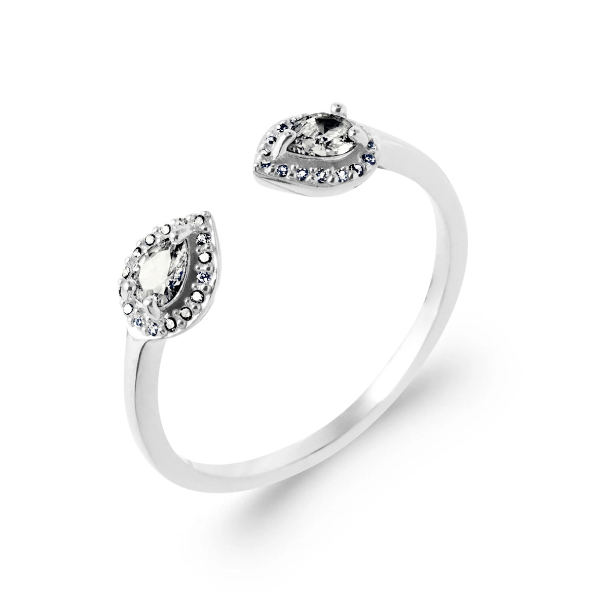 Bague ouverte deux gouttes de zircons en halo en argent 925