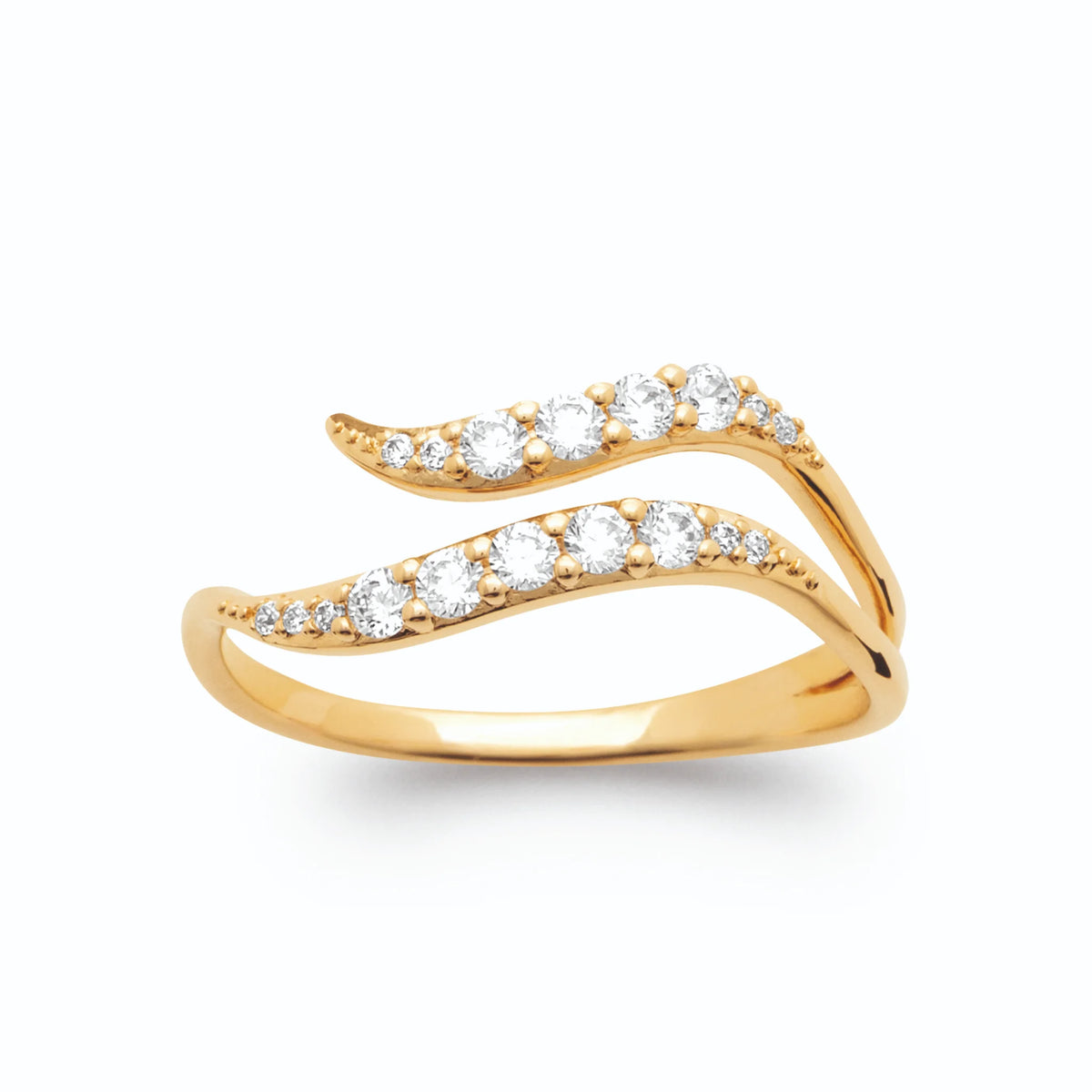 Bague ouverte deux vagues pavées de zircons en plaqué or