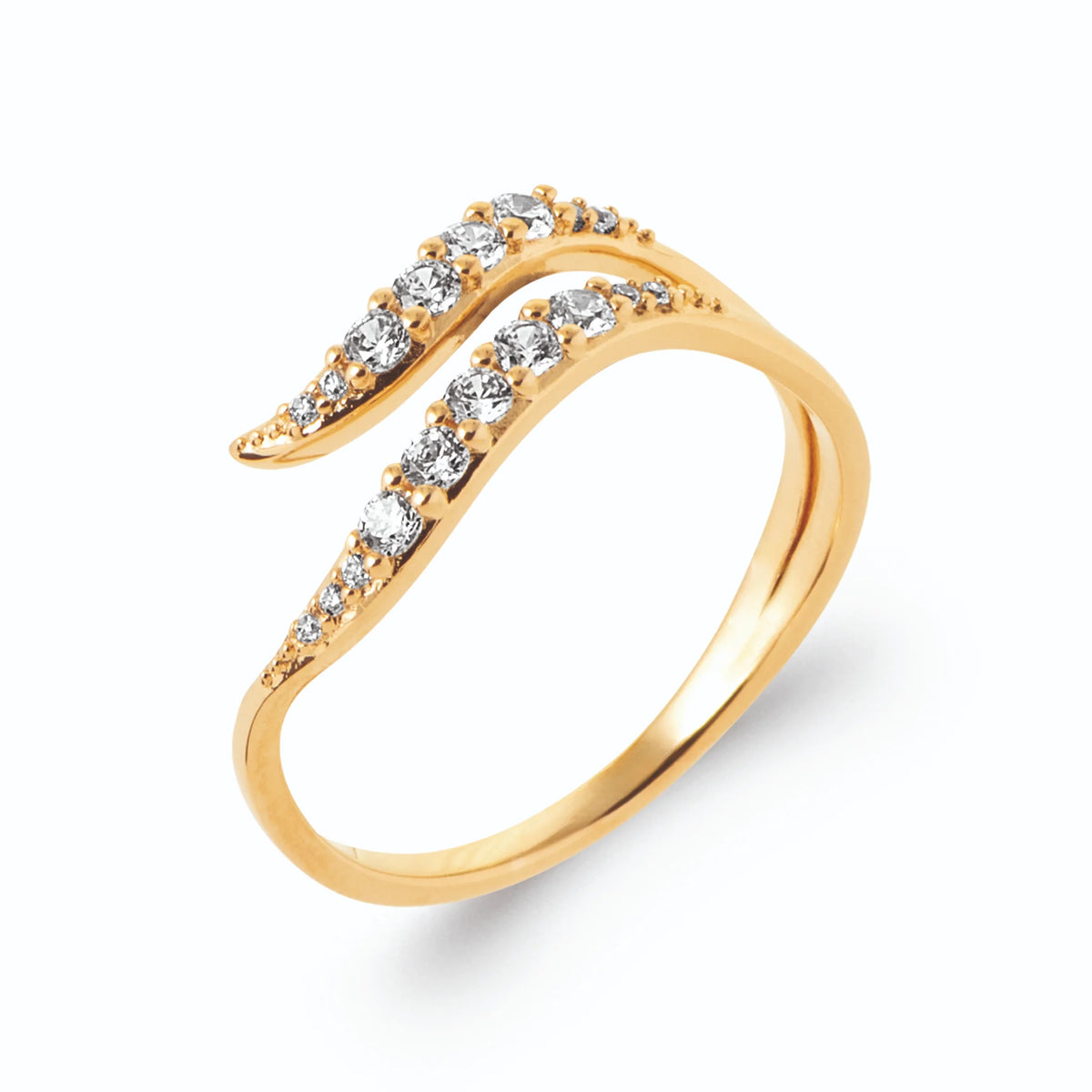 Bague ouverte deux vagues pavées de zircons en plaqué or