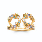Bague ouverte deux volutes serties de pierres multicolores plaqué or, vue de face