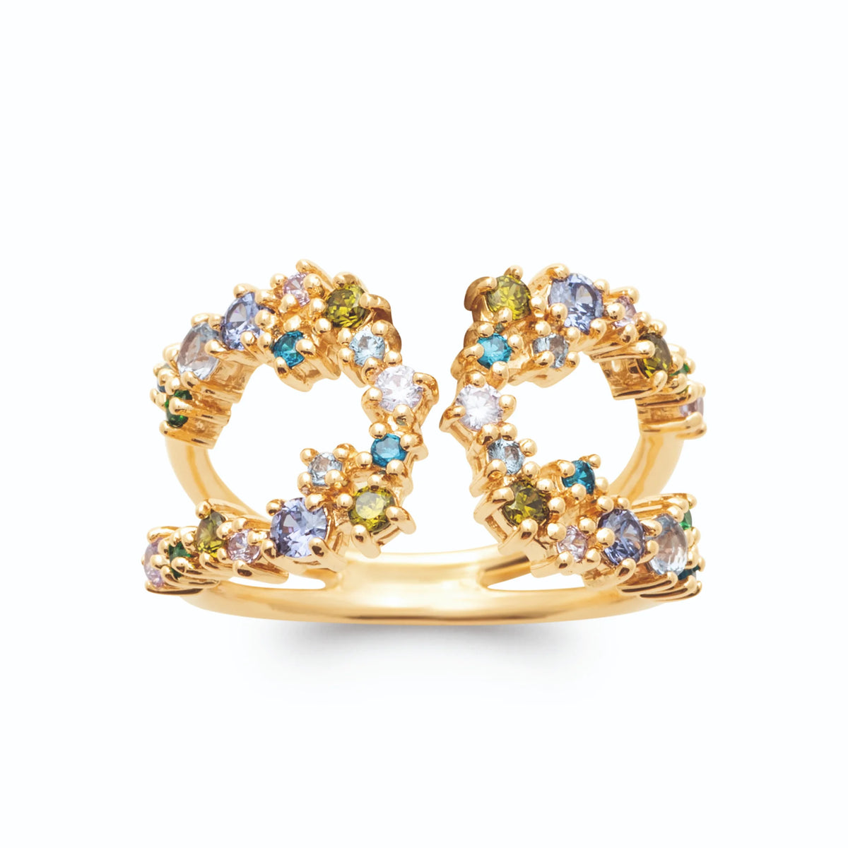 Bague ouverte deux volutes serties de pierres multicolores plaqué or, vue de face