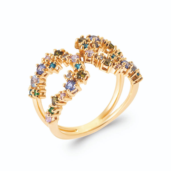 Bague ouverte deux volutes serties de pierres multicolores en plaqué or, vue de trois quarts