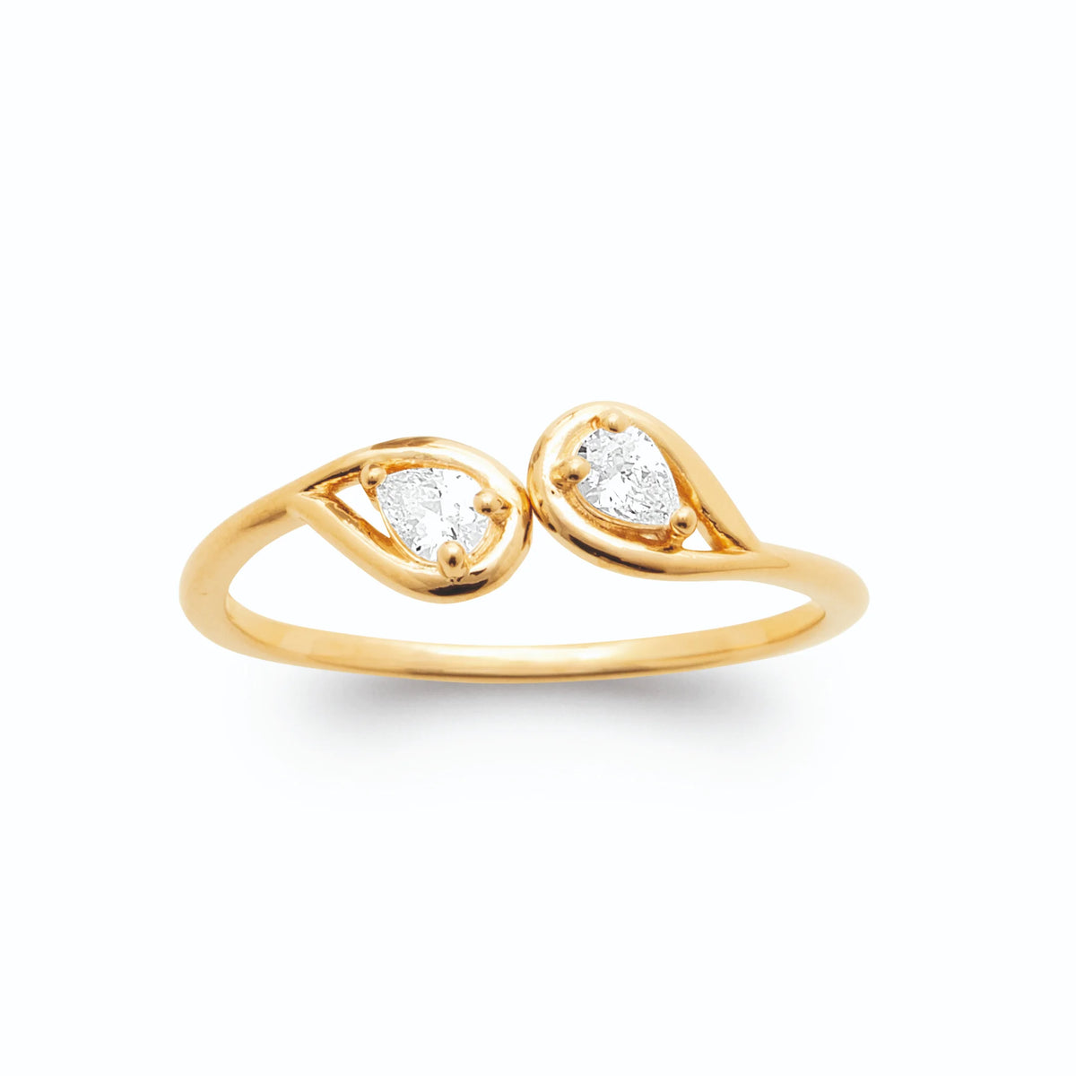 Bague ouverte deux volutes zircons poires plaqué or, vue de face