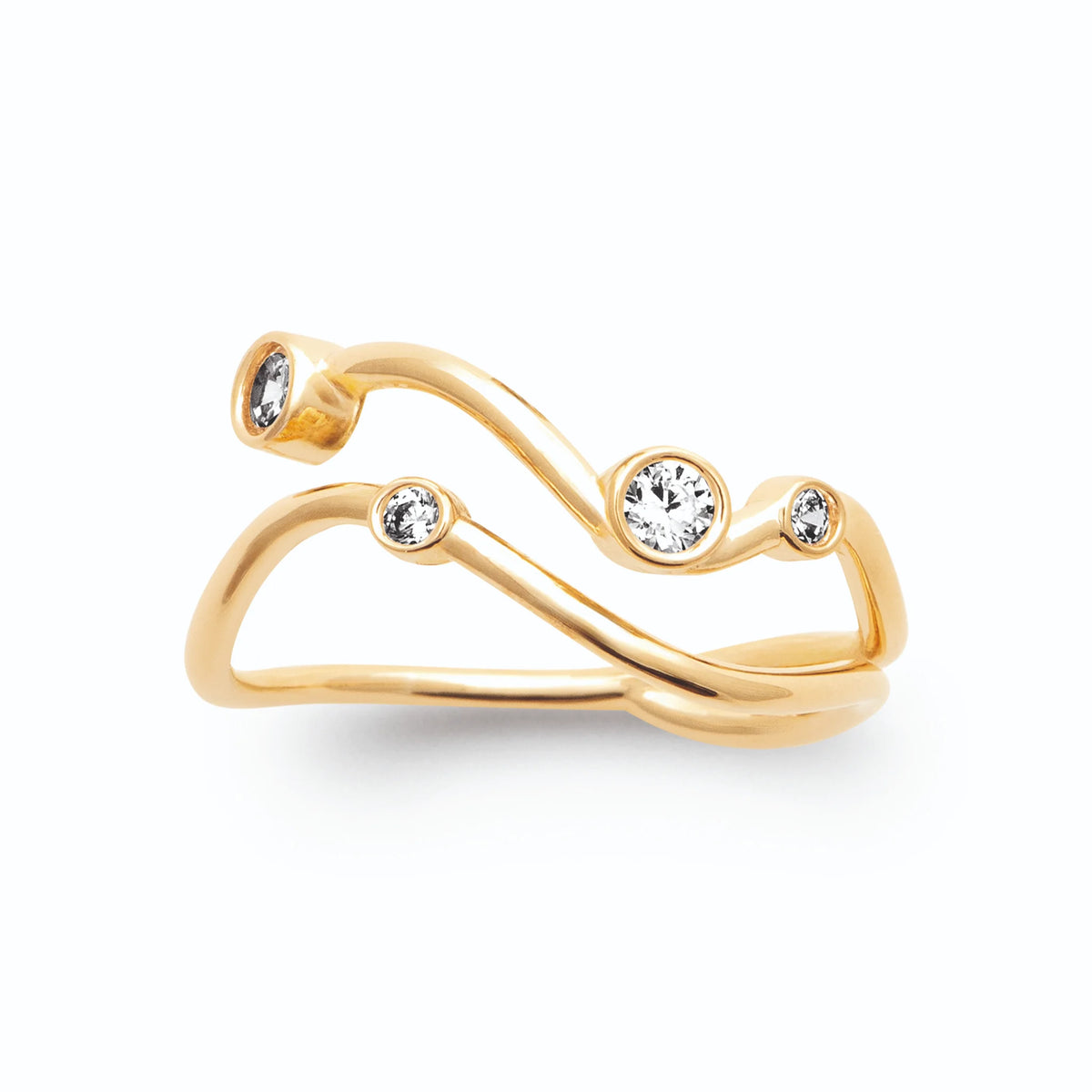 Bague ouverte double fil ondulé ponctué de zircons en plaqué or