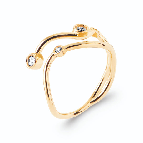 Bague ouverte double fil ondulé ponctué de zircons en plaqué or