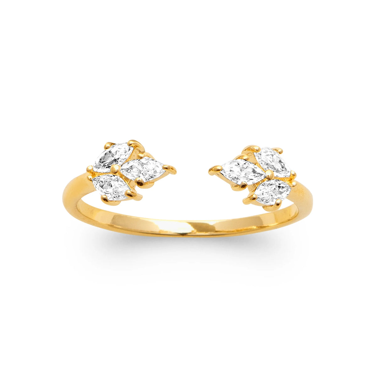 Bague ouverte feuillages de zircons navettes plaqué or, vue de face