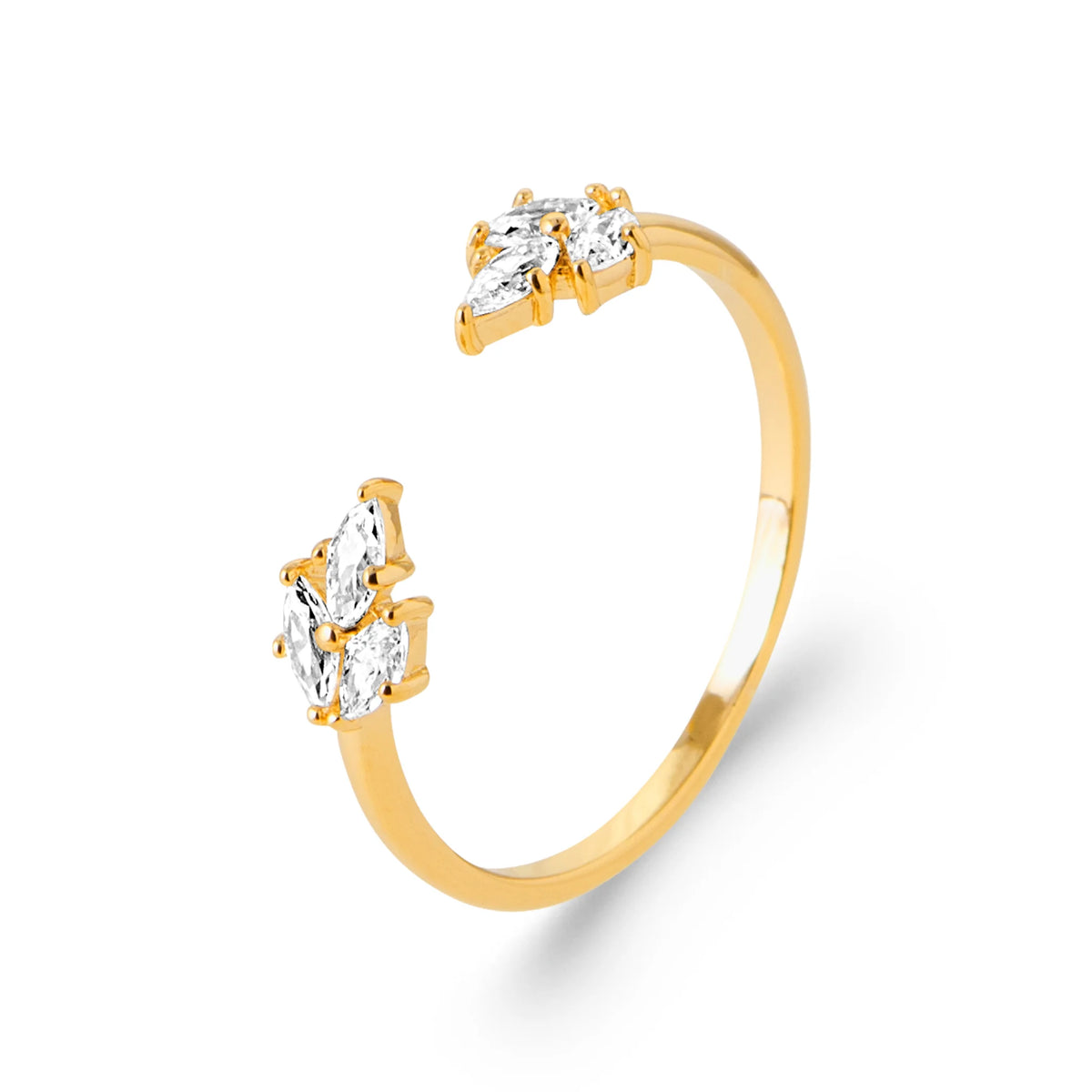 Bague ouverte feuillages de zircons navettes en plaqué or, vue de trois quarts