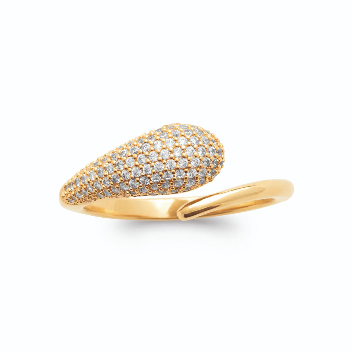 Bague ouverte goutte allongée pavée de micro-zircons plaqué or, vue de face