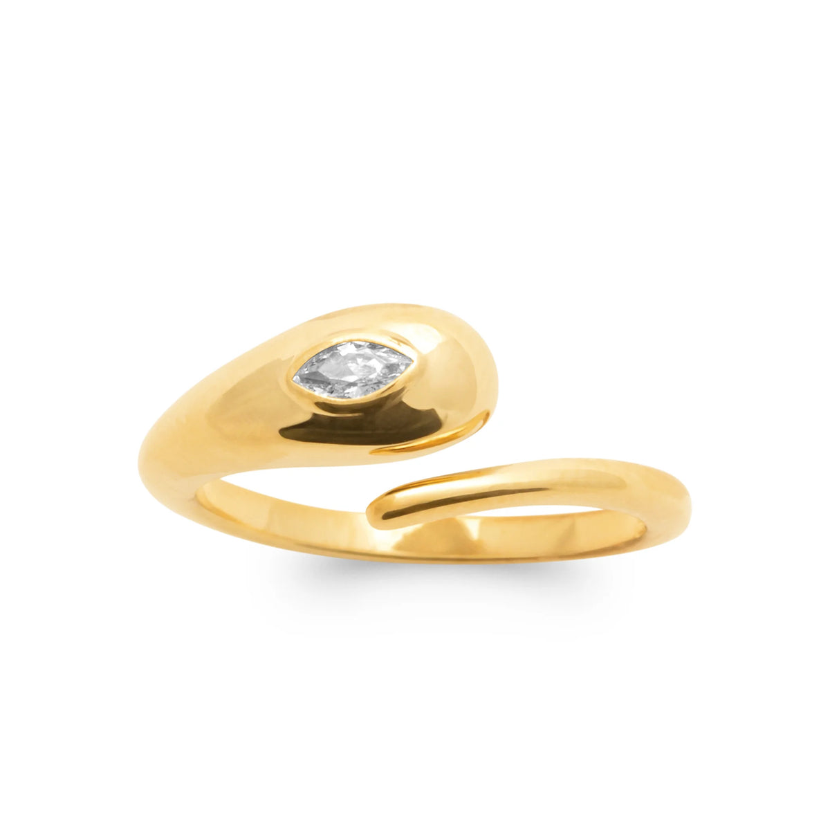 Bague ouverte goutte bombée et zircon navette plaqué or, vue de face