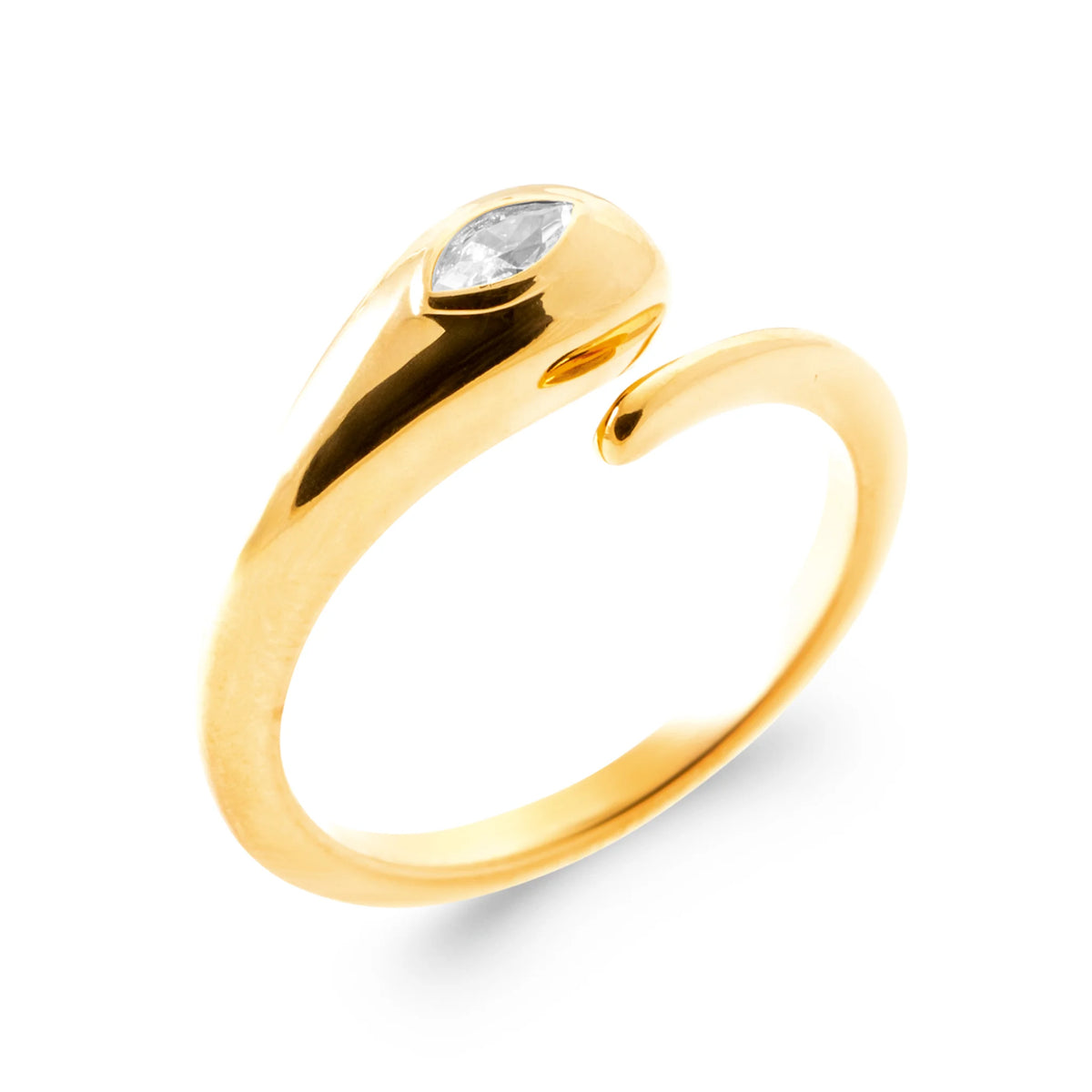 Bague ouverte goutte bombée et zircon navette en plaqué or, vue de trois quarts