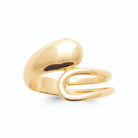Bague ouverte goutte polie et boucle en double fil plaqué or, vue de face