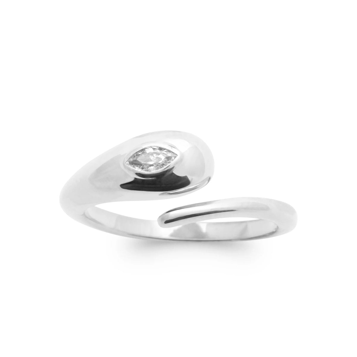 Bague ouverte goutte polie et zircon en argent 925