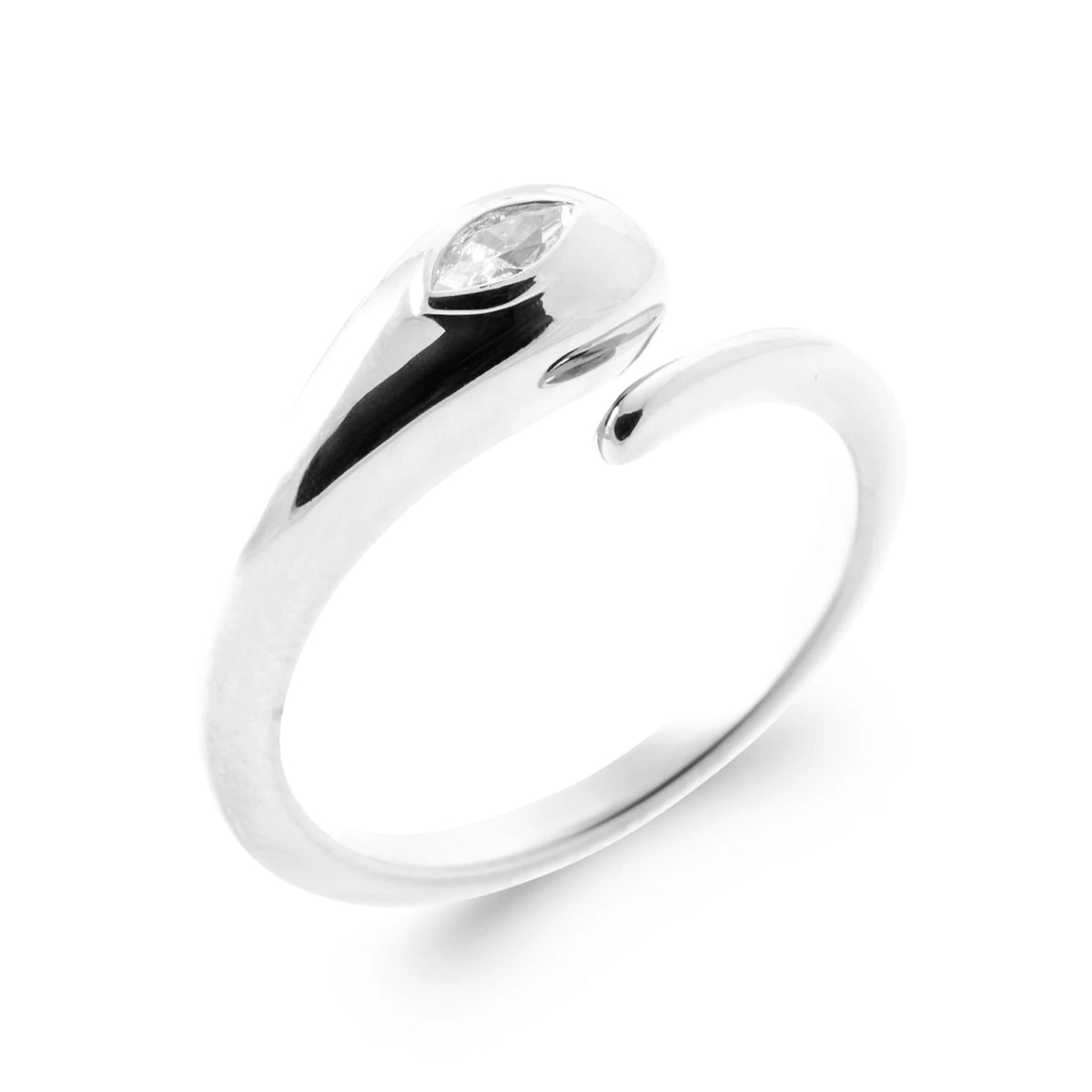 Bague ouverte goutte polie et zircon en argent 925