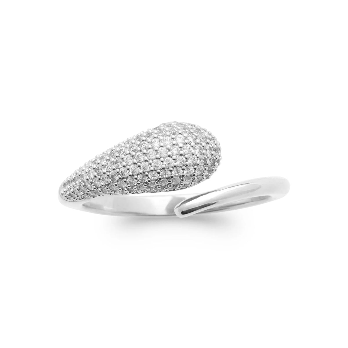 Bague ouverte grande goutte pavée de zircons en argent 925