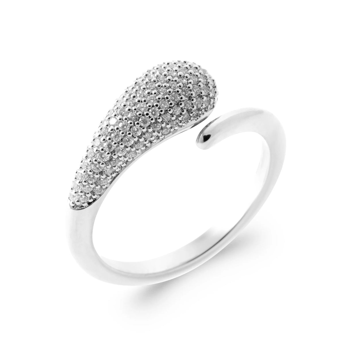 Bague ouverte grande goutte pavée de zircons en argent 925