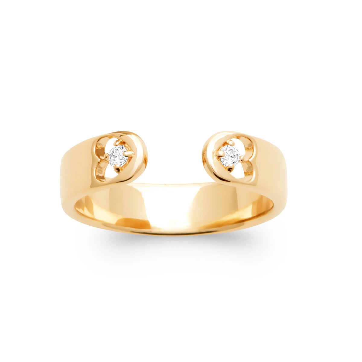 Bague ouverte large extrémités en volutes et zircons plaqué or, vue de face