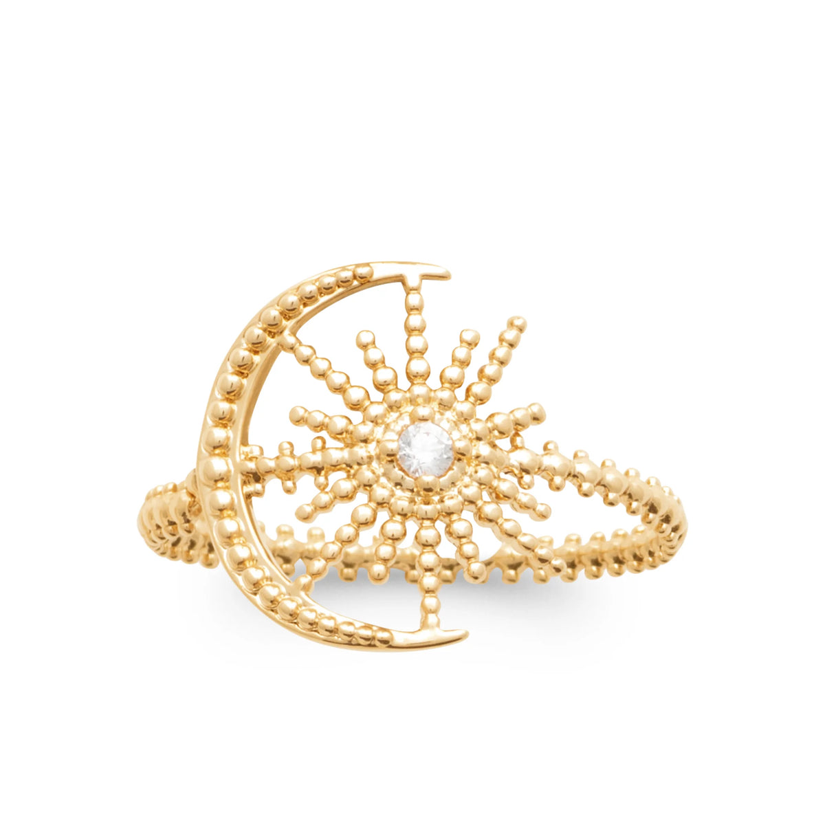 Bague ouverte lune et étoile en grains d’or et zircon en plaqué or