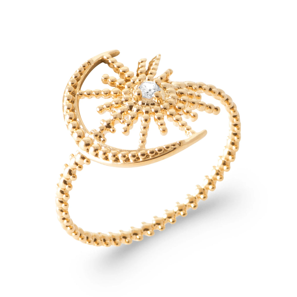 Bague ouverte lune et étoile en grains d’or et zircon en plaqué or