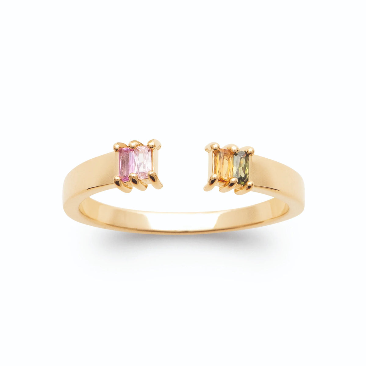 Bague ouverte pierres baguettes roses et vertes en plaqué or