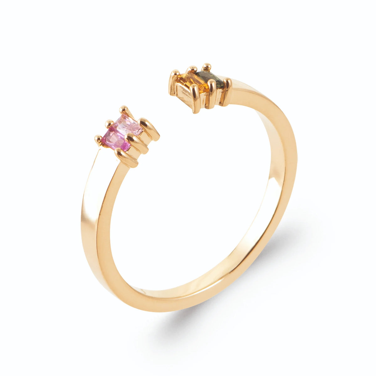 Bague ouverte pierres baguettes roses et vertes en plaqué or