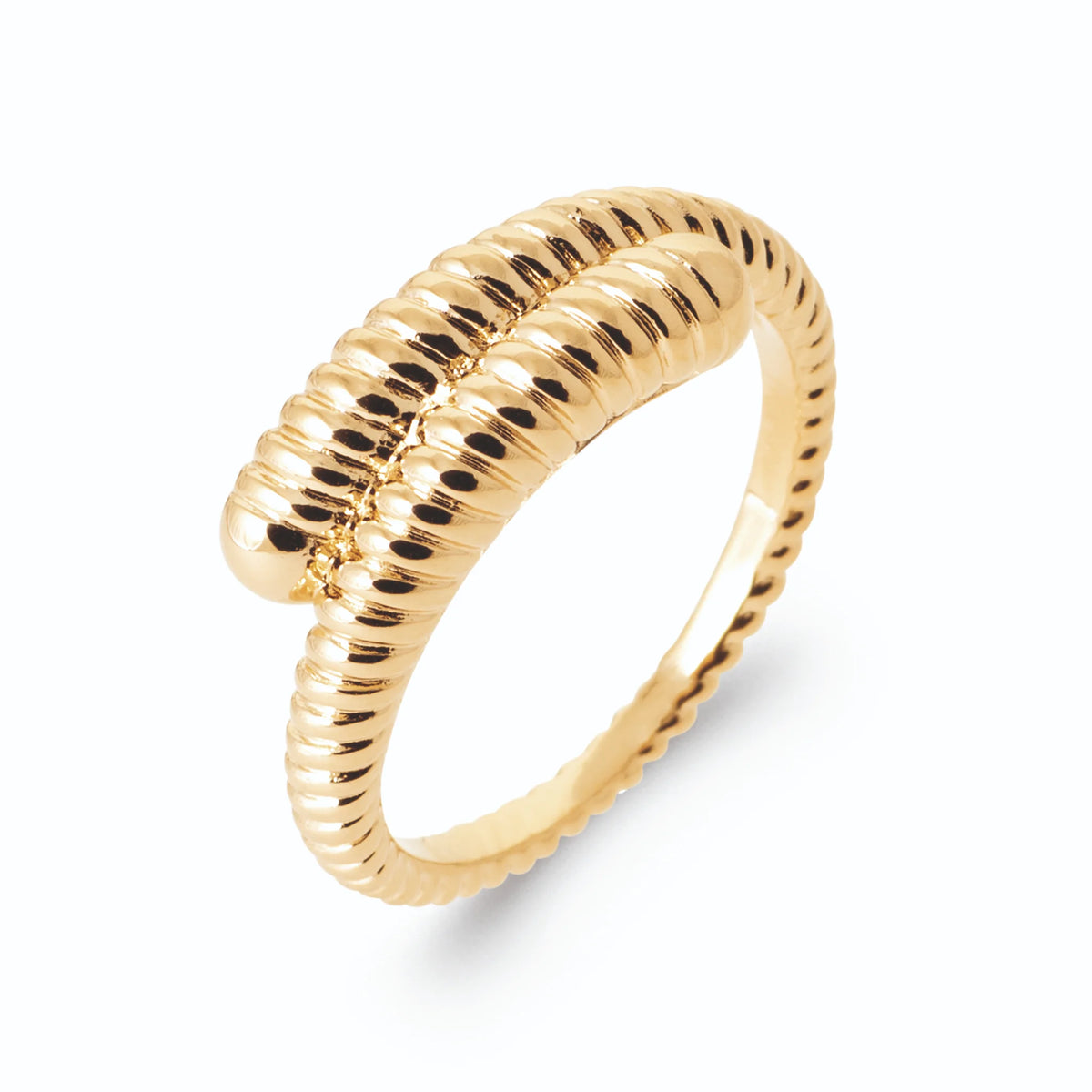 Bague ouverte spirale aux extrémités côtelées de godrons en plaqué or
