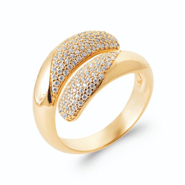 Bague ouverte toi et moi deux gouttes pavées de zircons en plaqué or, vue de trois quarts