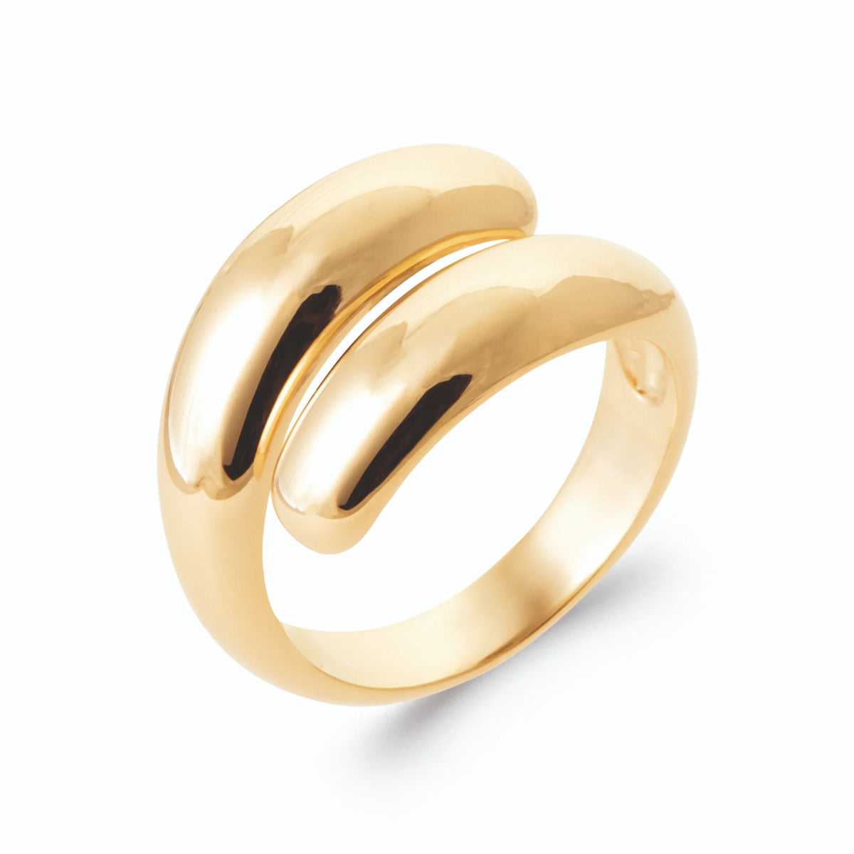 Bague ouverte toi et moi deux gouttes d’or polies en spirale en plaqué or, vue de trois quarts