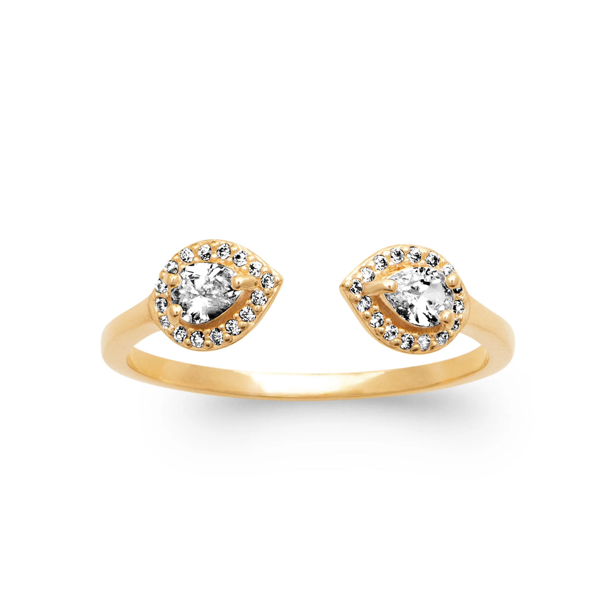 Bague ouverte toi et moi deux zircons poires en halos en plaqué or