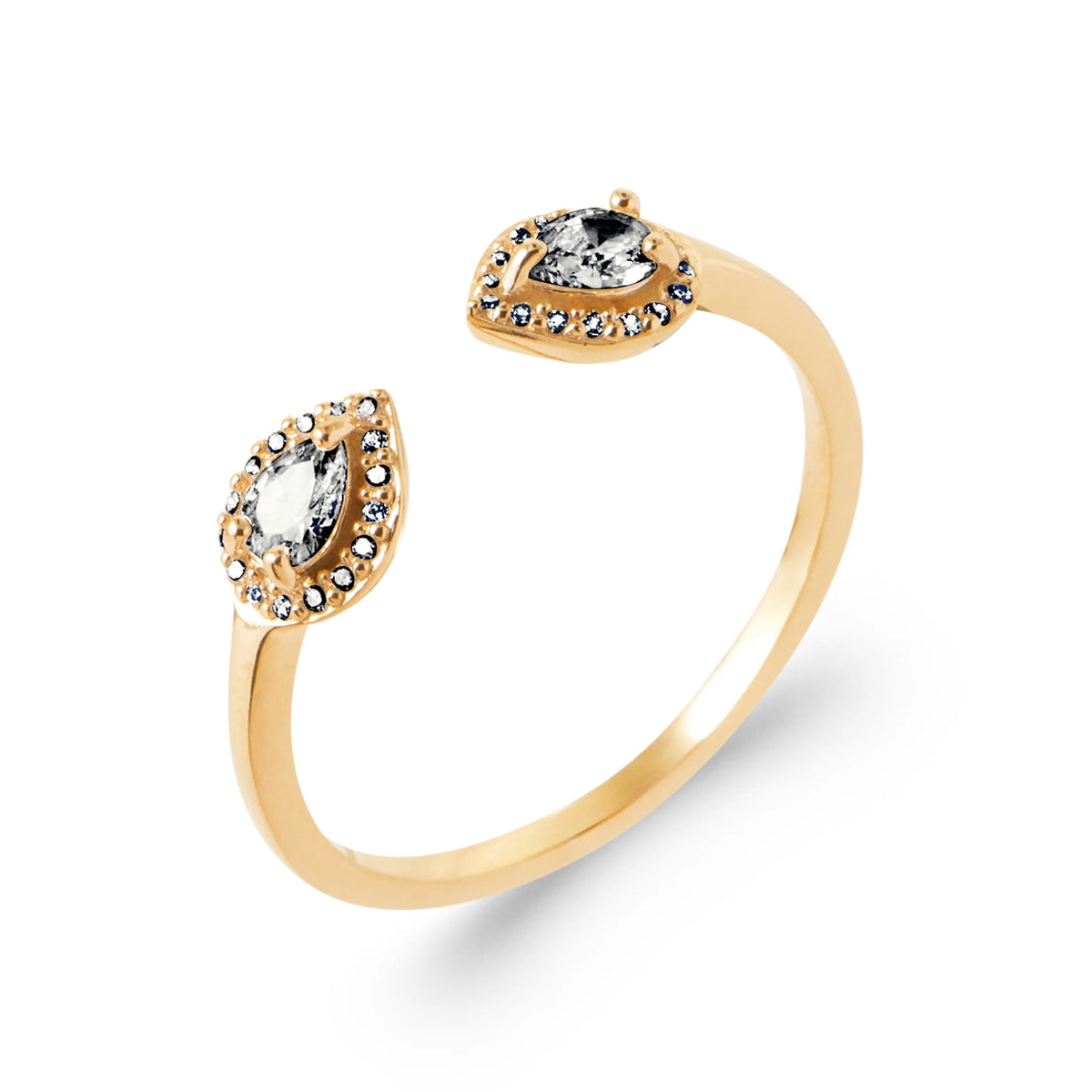 Bague ouverte toi et moi deux zircons poires en halos en plaqué or