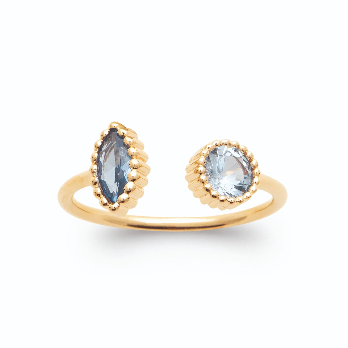 Bague ouverte toi et moi navette et ovale bleu ciel en plaqué or