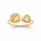 Bague ouverte toi et moi pierres jaunes carrée et triangle en halos en plaqué or