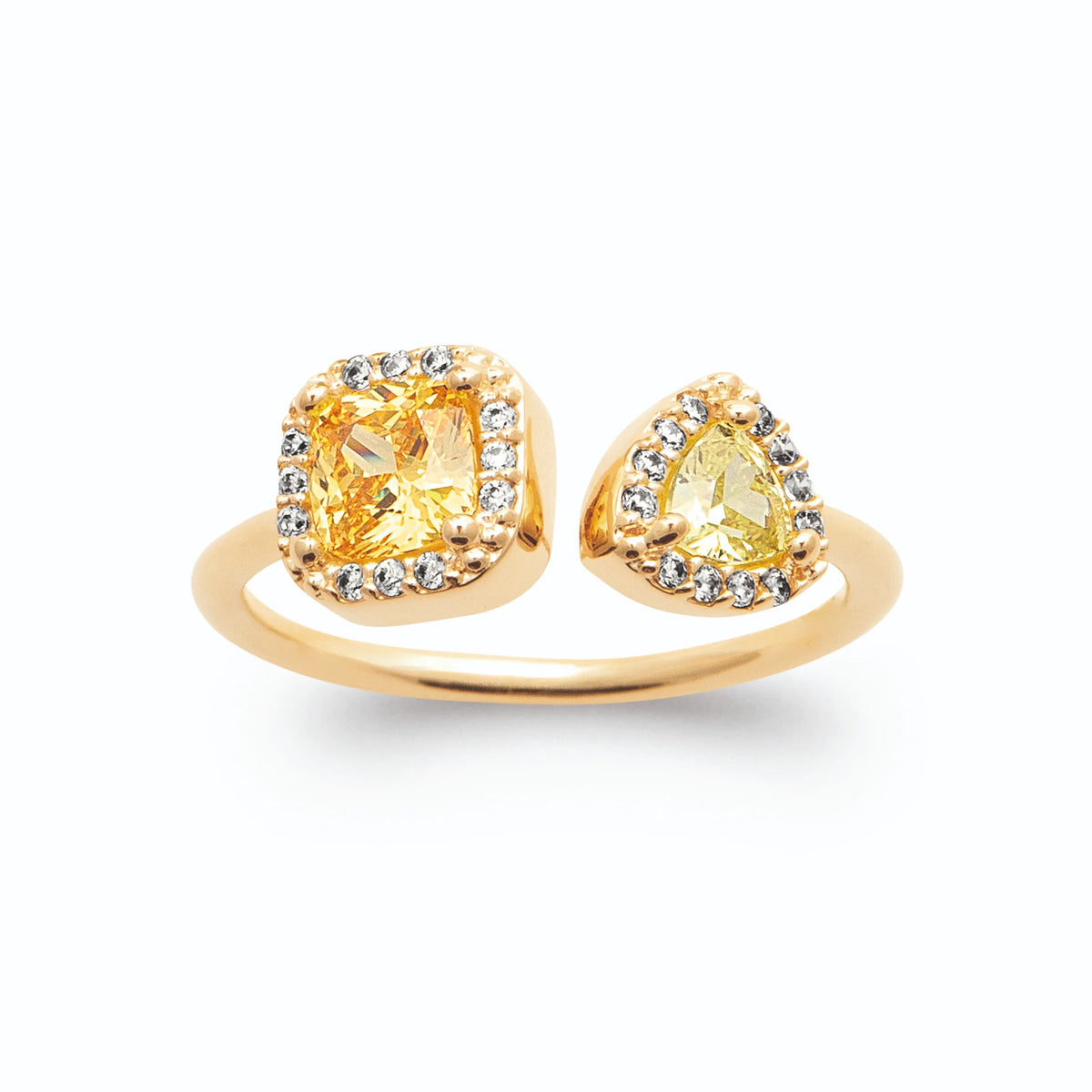 Bague ouverte toi et moi pierres jaunes carrée et triangle en halos en plaqué or