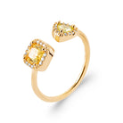 Bague ouverte toi et moi pierres jaunes carrée et triangle en halos en plaqué or
