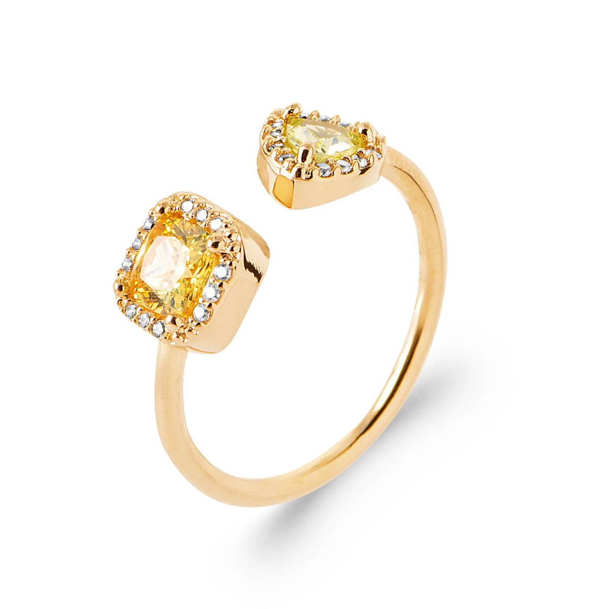 Bague ouverte toi et moi pierres jaunes carrée et triangle en halos en plaqué or